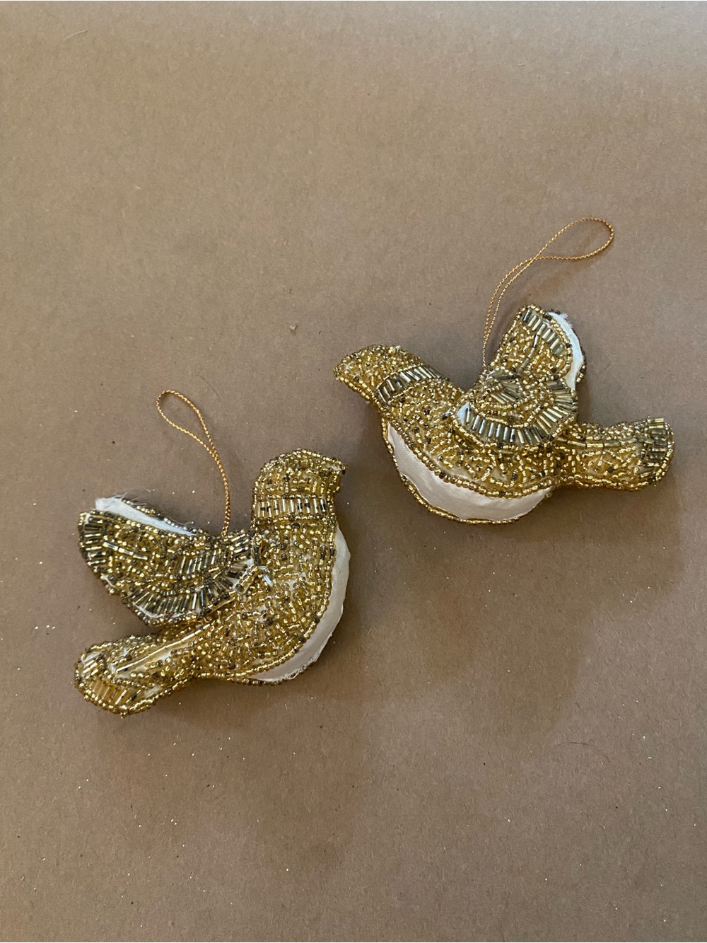 Gold Beaded Bird Ornaments (Set of 2) Christmas Doves, Vintage ? delicate
